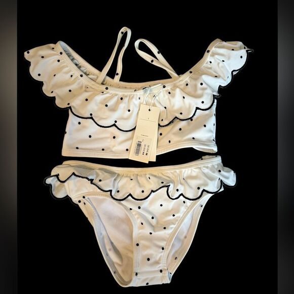 NWT New JANIE JACK White Navy Blue Polka Dot Ruffle Bikini Swimsuit Girls 5 - Picture 1 of 4